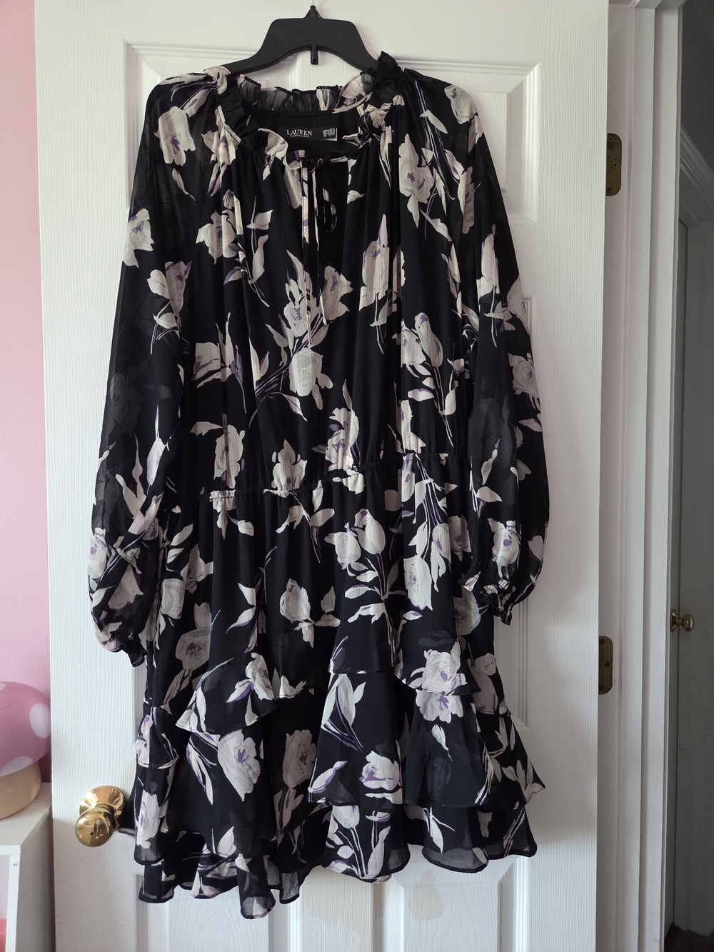 Lauren Ralph Lauren Womens Plus Size Black Floral Ruffle Dress Size 20W